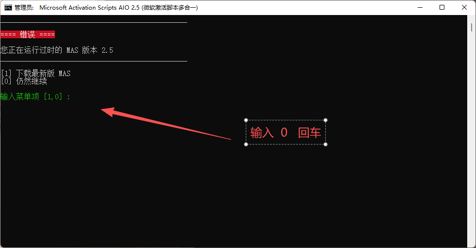 Windows激活工具步骤1：版本提示界面输入0回车继续